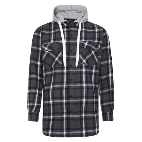 Bigdude Hooded Flannel Checked Shirt Charcoal/Navy