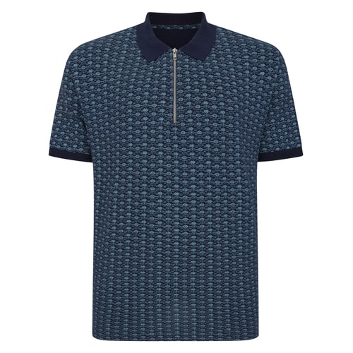 Bigdude AOP Geometric Zipped Polo Navy Tall