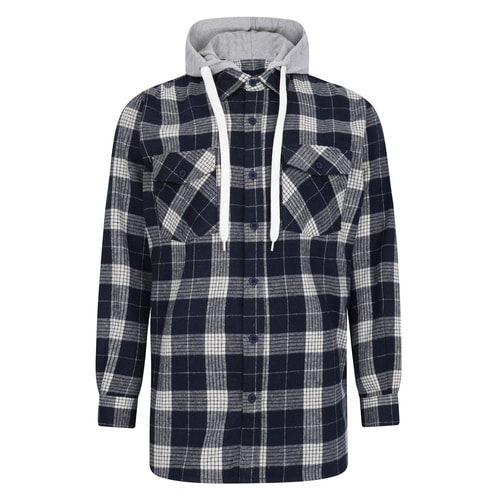 Bigdude Hooded Flannel Checked Shirt Navy/White Tall