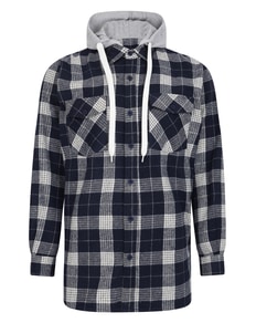 Bigdude Hooded Flannel Checked Shirt Navy/White Tall