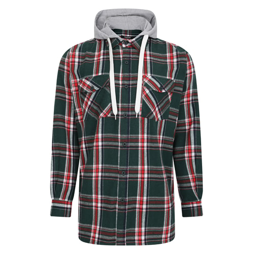 Bigdude Hooded Flannel Checked Shirt Green/Red Tall